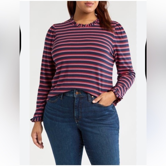 Caslon Tops - Caslon Striped Long Sleeve Blouse - Red and Blue